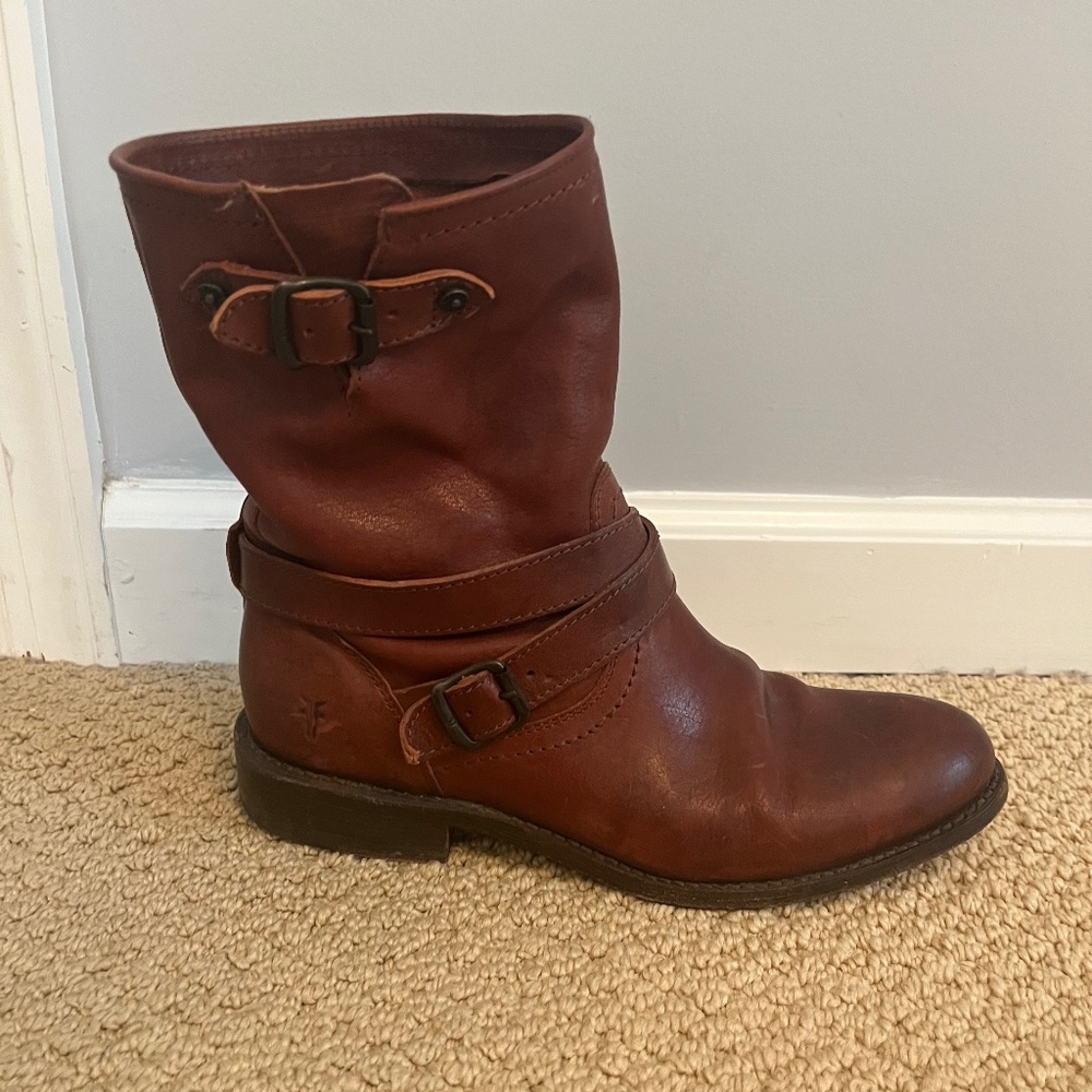 Frye pull on boots with buckles